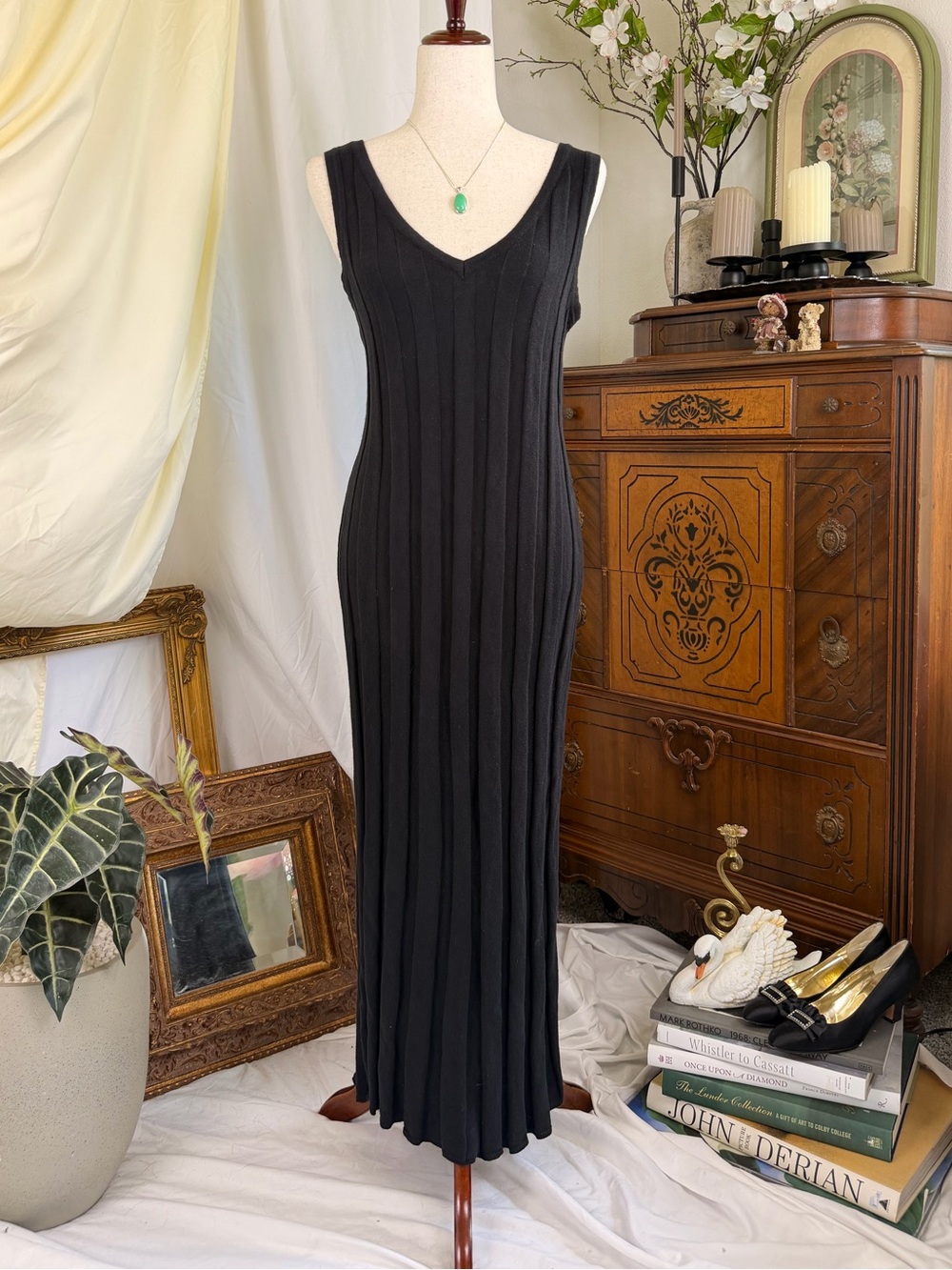 Modern Citizen Black Linen Ribbed V-Neck Maxi Midi Dress Summer Minimalist Chic
